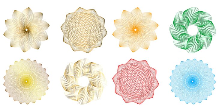 Vetor set elemento de design círculo isolado cores vetoriais em negrito anel dourado de brilho abstrato listras onduladas de muitos redemoinhos brilhantes criados usando blend tool ilustração vetorial eps10 para sua apresentação