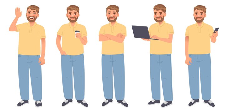 Vetor set homem feliz fundo branco comprimento completo cara personagem com café laptop phone_ai_generated