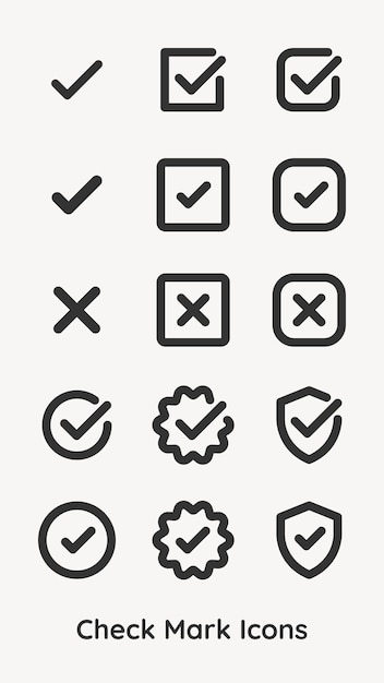 Set of check mark icons Includes check marks in boxes circles and shields Check mark icons for lists tasks and approvals Simple check mark designs Vector element set