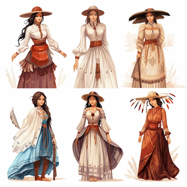 Vetor set_of_female_characters_wearing_historical