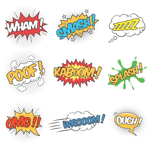 Set of Nine Wording Sound Effects para Comic Speech Bubble