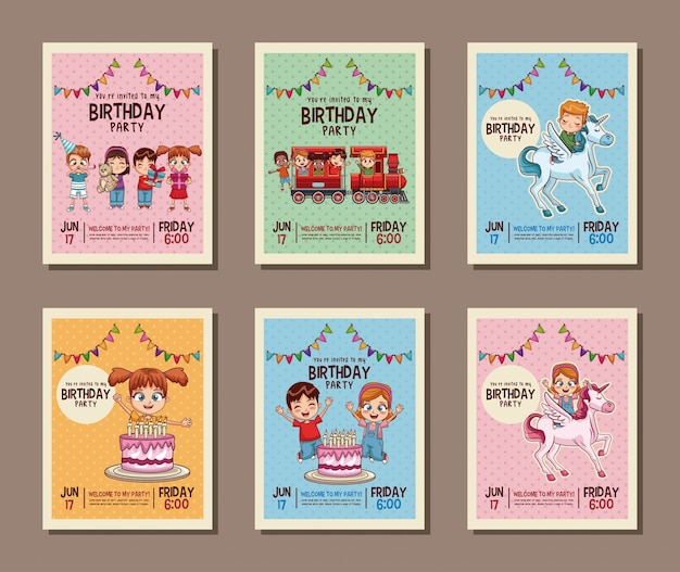 Set on birthday kids party invitation card ilustração vetorial