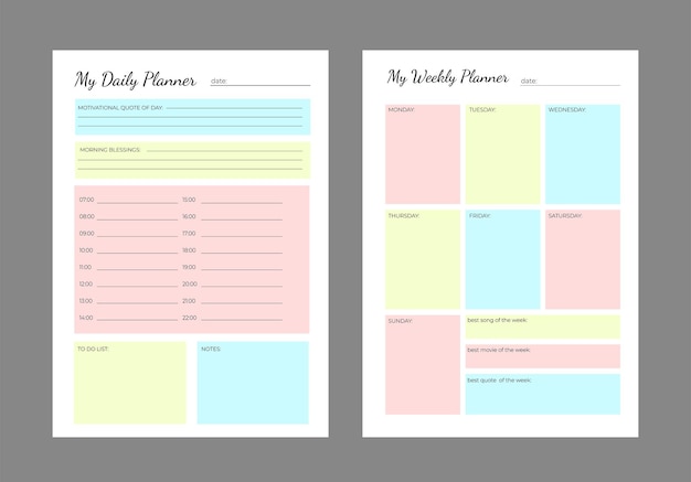 Set planners modelo de plano pessoal diário e semanal, planejador mensal, semanal e cores da moda.