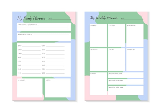 Set planners modelo de plano semanal de planejador diário e semanal pessoal e cores pastel na moda fofas