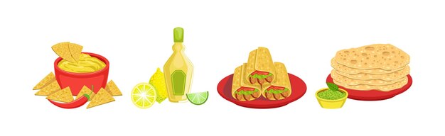 Set vetorial de comida mexicana saborosa e pratos picantes servidos