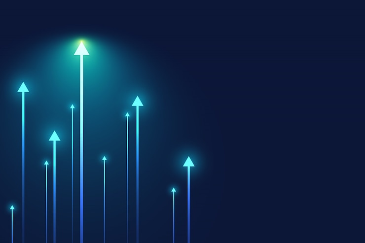 Vetor seta clara acima do circuito na obscuridade - fundo azul com ilustração da cópia do espaço da cópia, conceito do crescimento do negócio.