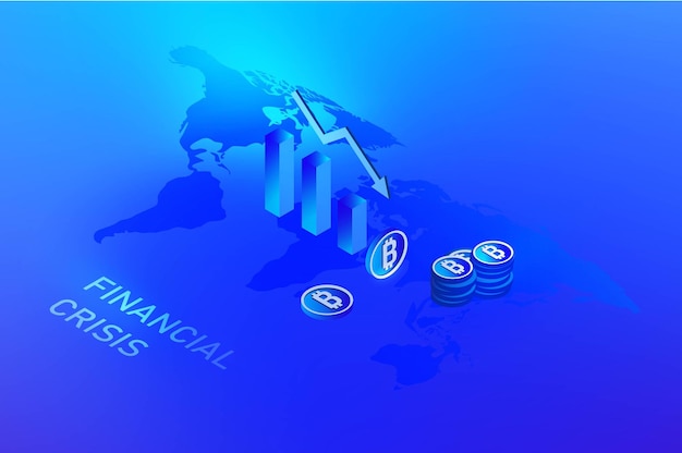 Seta do gráfico caindo no mapa do mundo e ilustração vetorial de crise financeira de bitcoins