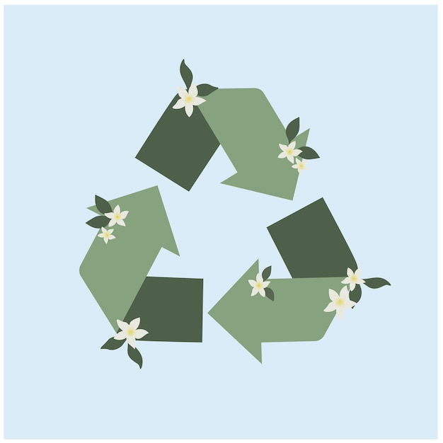 Seta ecológica verde reciclar com flores e hortaliças. Conceito de desperdício zero. Logo de emblema ecológico