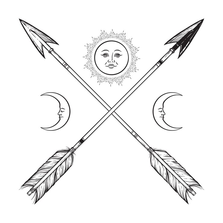 Vetor setas cruzadas com crescentes e arte de linha de lua cheia boho adesivo impressão blackwork flash arte de tatuagem
