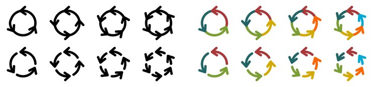 Vetor setas formando círculo, versão com três quatro cinco e seis partes