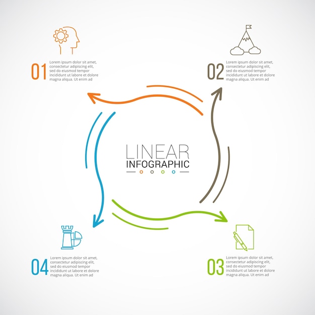 Setas planas de linha fina para conceito de negócios infográfico com etapas ou processos de 4 opções de peças