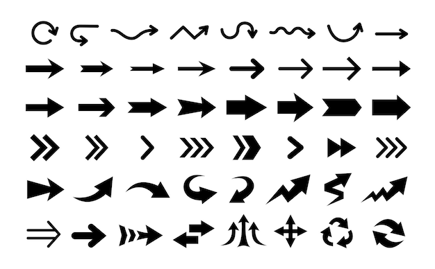 setas pretas planas e ponteiros isolados no fundo branco grande conjunto de vetores de elementos de navegação