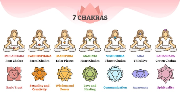 Sete chakras como pontos de energia no corpo e o conceito de esboço de esquema de descrição. meditação espiritual e postura de equilíbrio de lótus de ioga com nomes de símbolos sânscritos na ilustração vetorial de cores apropriadas.