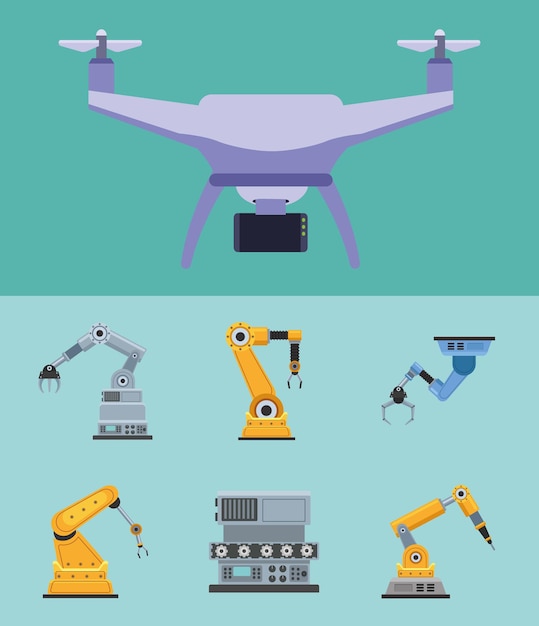 Sete máquinas robóticas de produção