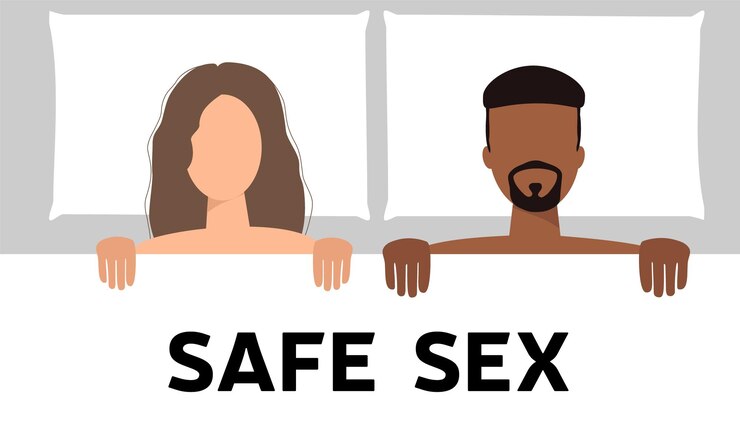 Vetor sexo seguro. mulher europeia e homem africano na cama juntos.