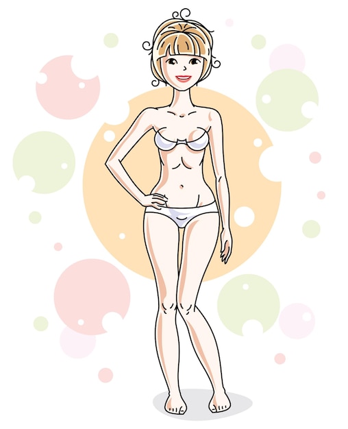 Vetor sexy jovem loira em cueca branca posando em pano de fundo colorido com bolhas e círculos. ilustração em vetor senhora simpática.