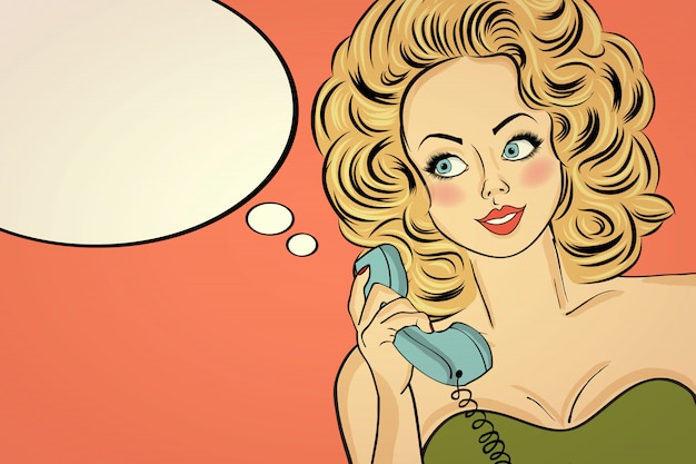 Sexy pop art mulher falando em um telefone retro