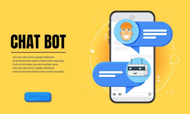 Shat bot concept Modelo de banner de negócios horizontal com ilustração de homem conversando com chat bot em smartphone Capa de modelo de site com lugar para texto de estilo simples