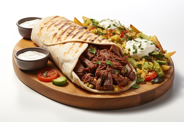 Vetor shawarma enrolado em lavash carne grelhada úmida com ervas de cebola e legumes em fundo de madeira