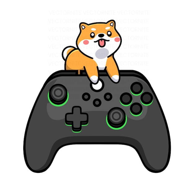 Vetor shiba bonito com controlador - personagem de desenho animado - ilustração vetorial