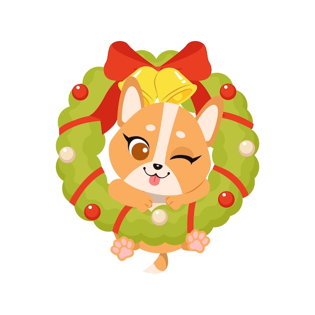 Shiba inu fofo pendurado na guirlanda de Natal