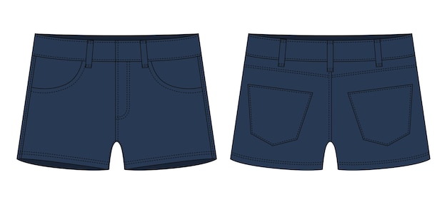 Short jeans com bolsos esboço técnico cor azul escuro modelo de design de shorts jeans para crianças