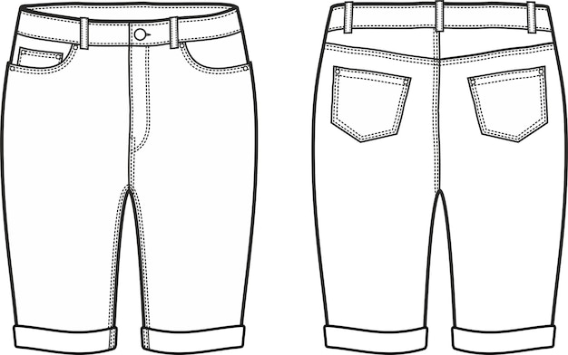 Vetor short jeans feminino frente e costas ilustração em vetor cad de moda