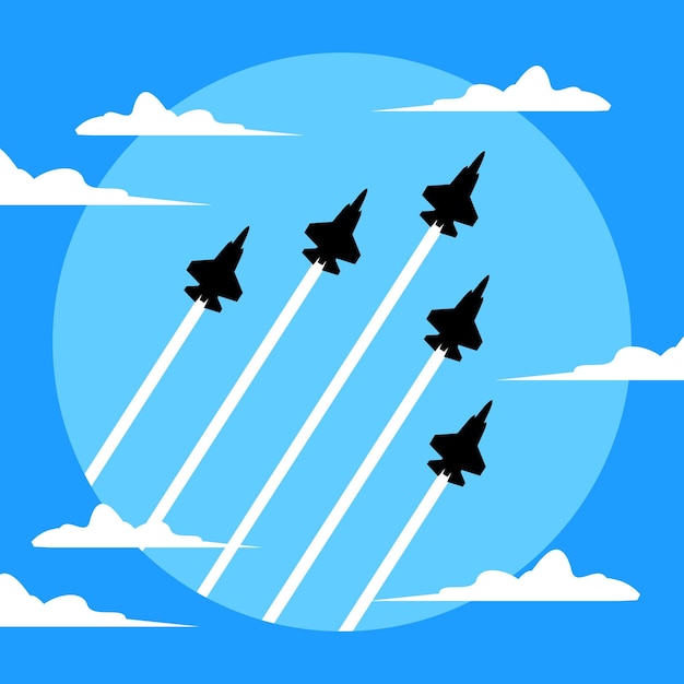 Vetor show aéreo voador de jato de combate vetorial com ilustração de fumaça do céu