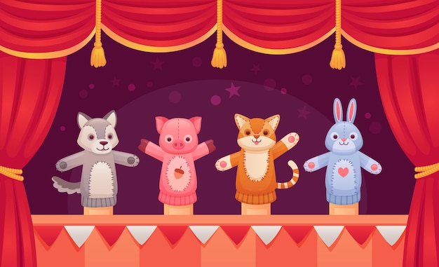 Show de marionetes brinquedos de fantoches de animais de fantoches de animais de teatro de bonecas no palco cenário teatral história de conto de fadas crianças brinquedos de marionete de meia bonecos de zoológico engenhoso ilustração vetorial