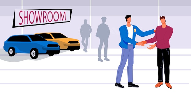 Showroom de automóveis com vendedor e comprador ao concluir um negócio Concessionária de automóveis e conclusão do negócio de venda