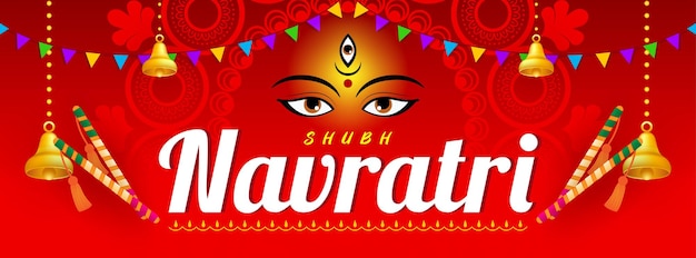 Shubh navratri deusa mahadevi com dandiya varas em fundo vermelho