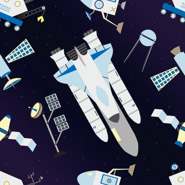 Vetor shuttle, satélites, moon rover no padrão sem emenda