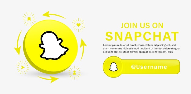 Siga-nos no banner de mídia social do snapchat com logotipo 3d e ícones de notificação como salvar compartilhamento