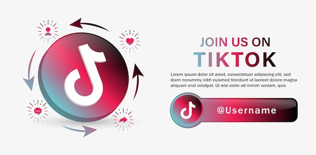 Siga-nos no banner de mídia social tiktok com logotipo 3d e ícones de notificação como compartilhamento de comentários