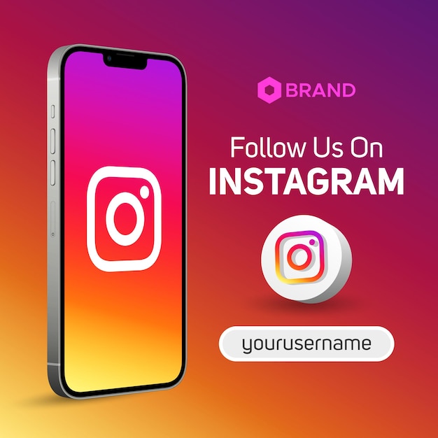 Siga-nos no instagram 3d ilustração logotipo nome de usuário banner de maquete de smartphone para postagem de mídia social