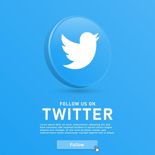 siga-nos no logotipo 3d do twitter com botão da web e ícone do cursor do mouse para logotipos de ícones de mídia social