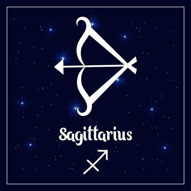 Vetor signo astrológico de sagitário do horóscopo do zodíaco no céu noturno com estrelas cintilantes.