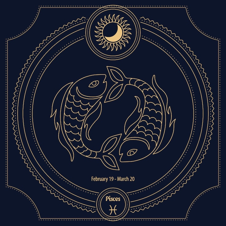 Vetor signo de peixes, signo de horóscopo astrológico em um quadro místico ornamental. projeto azul dourado,