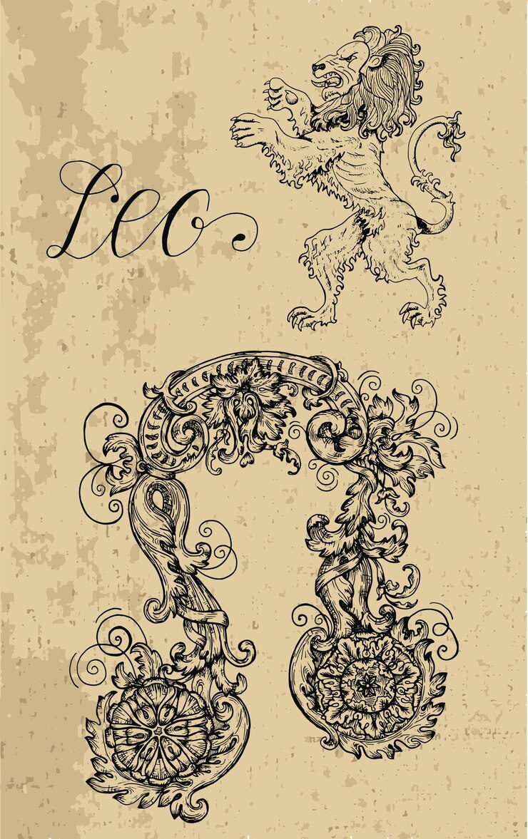 Vetor signo do zodíaco leão e mascote de fantasia em textura coleção de personagens e símbolos astrológicos