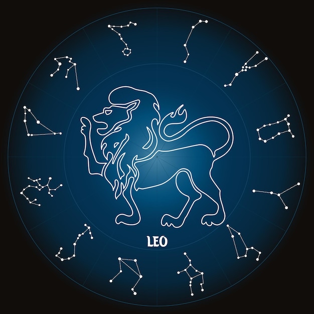 Vetor signo do zodíaco leo no círculo astrológico com constelações do zodíaco, horóscopo. projeto azul e branco