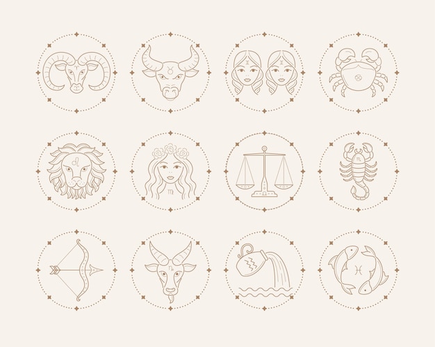 Signos e símbolos do Zodíaco. Ilustrações de astrologia