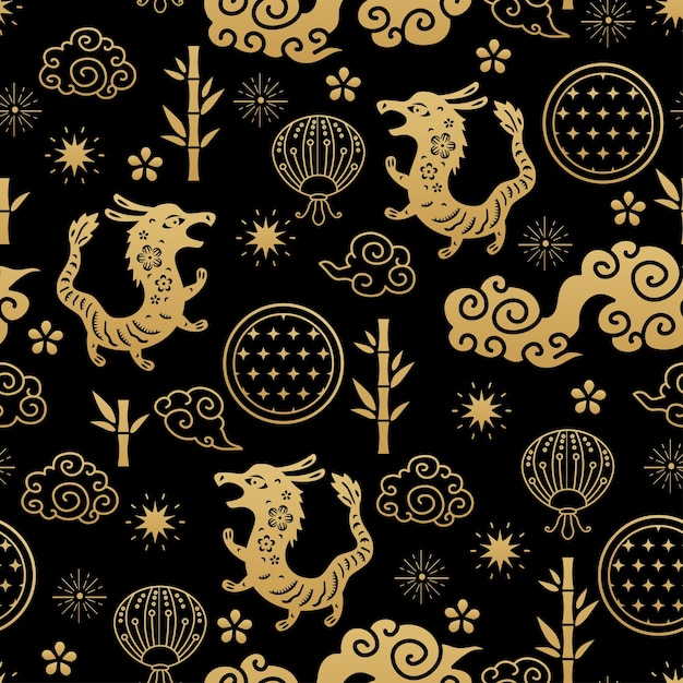Signos tradicionais chineses do zodíaco ornamento oriental de dragão sem costura padrão