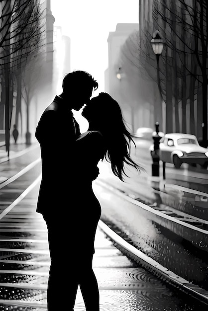 Vetor silhouette of romantic couple hugging and kissing in wet city street