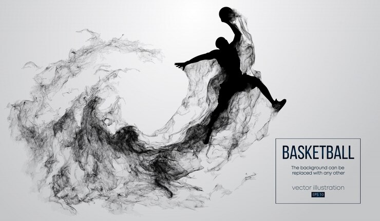 Silhueta abstrata de um jogador de basquete em fundo branco de partículas, poeira, fumaça, vapor. Jogador de basquete pulando e realizando afundamento.