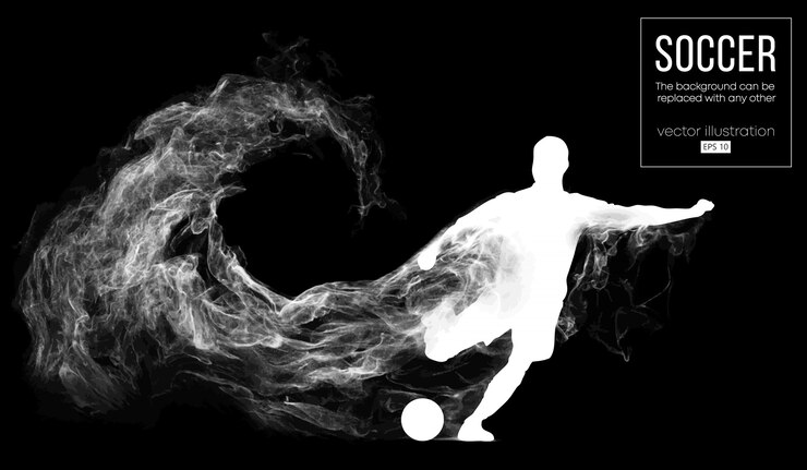 Silhueta abstrata de um jogador de futebol em fundo preto escuro de partículas. Jogador de futebol, correndo e pulando com a bola. Liga mundial e europeia.