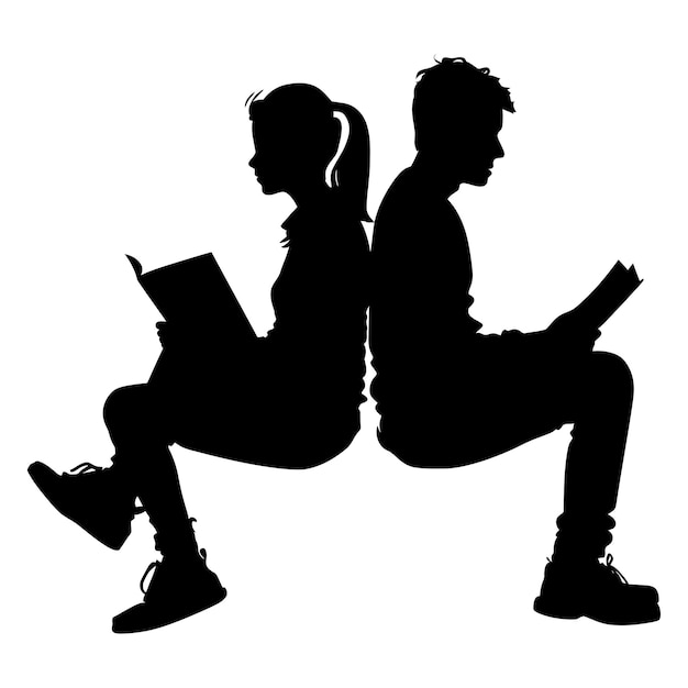 Vetor silhueta adolescente menino e menina lendo livro juntos cor preta só