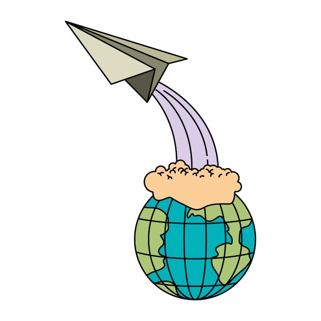 Silhueta colorida do globo terra e papel avião voando