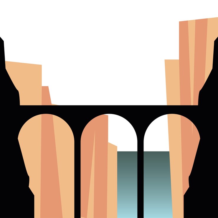 Vetor silhueta da ponte na frente da ilustração da paisagem das montanhas