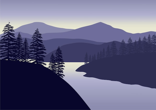 Silhueta das montanhas e do lago. Ilustração em vetor.