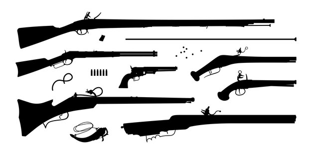 Silhueta de armas conjunto de armas antigas em ilustração vetorial branca